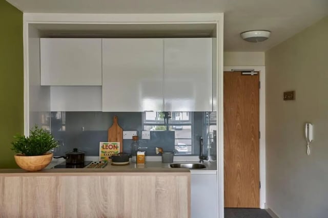 Modern kitchen with white cabinets sink and plant kitchen at Selly Oak Court in Birmingham Student Accommodation