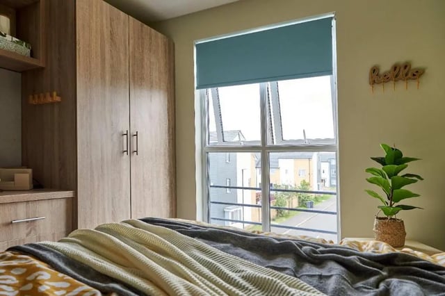 Wood wardrobe window plant and bed bedroom at Selly Oak Court in Birmingham Student Accommodation