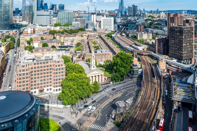 Apartment buildings with city skyline exterior at AXO Waterloo in London Student Accommodation