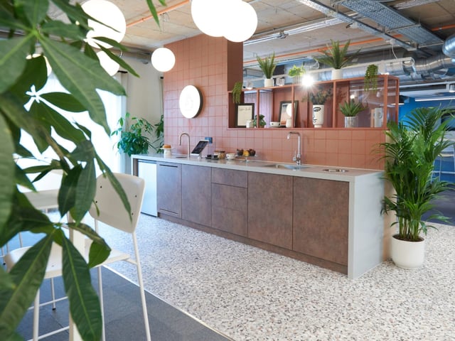 Modern kitchen with island plants and seating kitchen at The Gorge in Exeter Student Accommodation