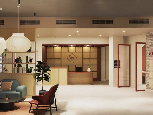 Lobby seating reception desk and entryway interior at Venti House in London Student Accommodation