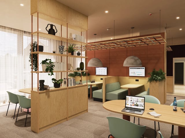 Study area with bookshelves booths and tables Study area at Venti House in London Student Accommodation