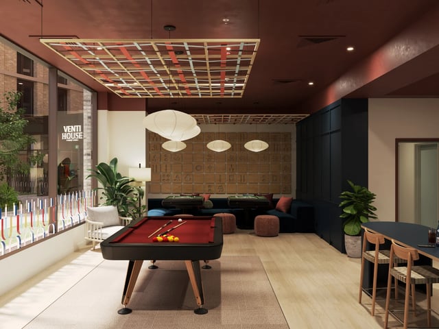 Pool table lounge area with sofa seating at Venti House in London Student Accommodation