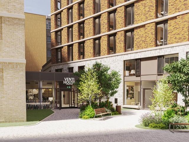 Venti House entrance with trees and benches exterior at Venti House in London Student Accommodation
