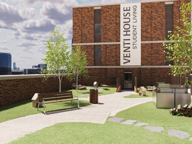Bench trash bin and trees exterior at Venti House in London Student Accommodation