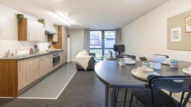 Kitchen dining area and living room at The Pinnacles in Sheffield Student Accommodation
