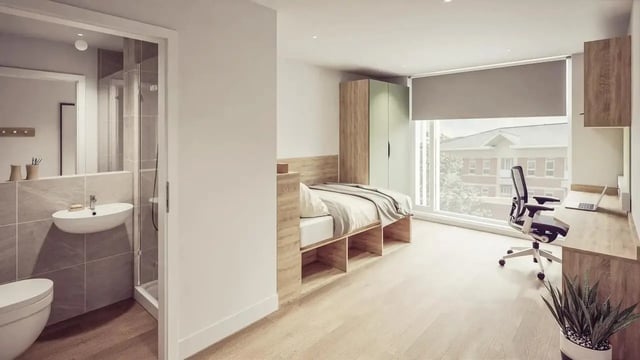 Bed desk chair wardrobe bathroom living room exterior at St Chads Student Village in Birmingham Student Accommodation