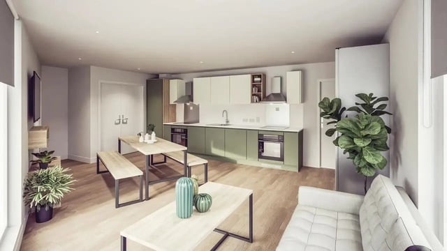 Modern kitchen dining living area with plants at St Chads Student Village in Birmingham Student Accommodation