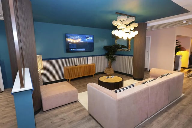 Sofa ottoman coffee table TV console living room at Aparto Arbury Court in Kingston Upon Thames Student Accommodation