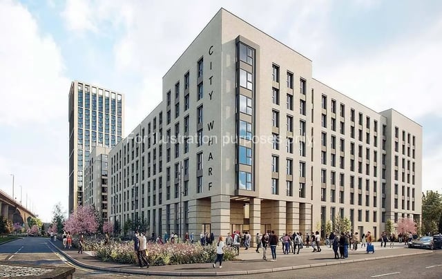 Modern apartment buildings with people outside exterior at City Wharf in Glasgow Student Accommodation