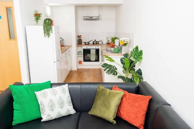 Sofa cushions kitchen and refrigerator living room at Marybone Student Village 1 in Liverpool Student Accommodation