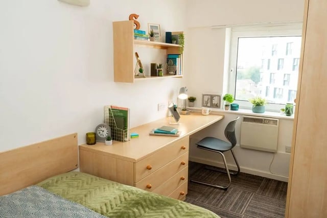 Desk bed shelves and chair bedroom at Marybone Student Village 1 in Liverpool Student Accommodation