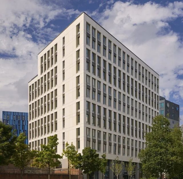 Modern white building with many windows exterior at Sheares Hall in Newcastle Upon Tyne Student Accommodation