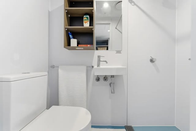 Toilet sink shelves and towel bathroom at Mayoral Drive Student Accommodation in Auckland Student Accommodation