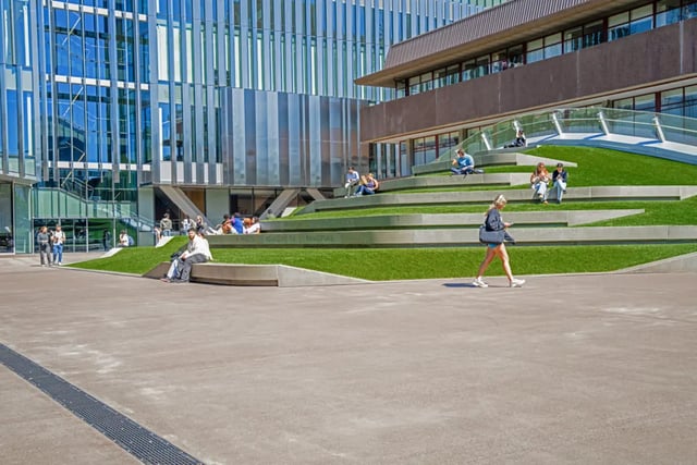 Terraced green space with students sitting and walking exterior at Mayoral Drive Student Accommodation in Auckland Student Accommodation