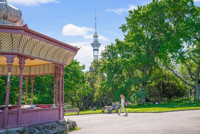 Park pavilion with people and tower exterior at Mayoral Drive Student Accommodation in Auckland Student Accommodation