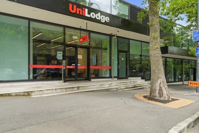 UniLodge building entrance with glass doors exterior at Mayoral Drive Student Accommodation in Auckland Student Accommodation