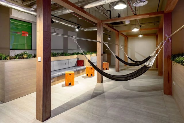 Hammocks and seating area common area at True Nottingham in Nottingham Student Accommodation
