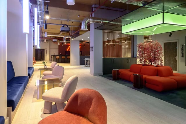 Modern lounge seating with sofas and chairs lounge area at True Nottingham in Nottingham Student Accommodation