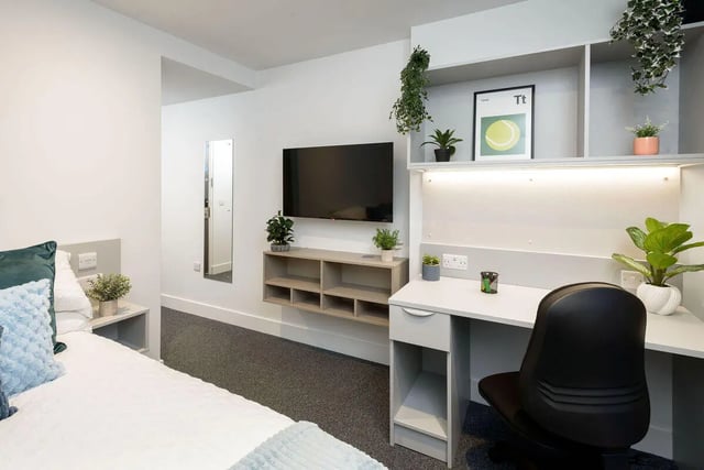 Bed desk television and plants student studio room at True Sheffield in Sheffield Student Accommodation