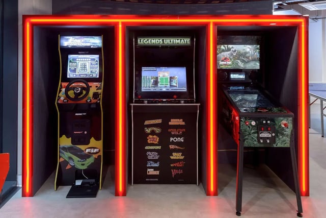 Arcade machines and pinball machine playing area at True Sheffield in Sheffield Student Accommodation