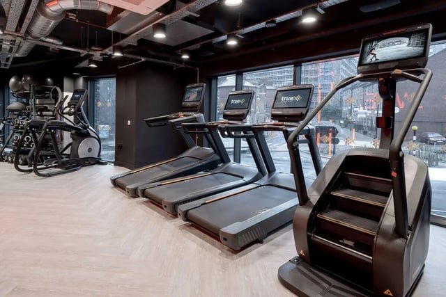 Treadmills stair climber elliptical and weights rack gym at True Sheffield in Sheffield Student Accommodation