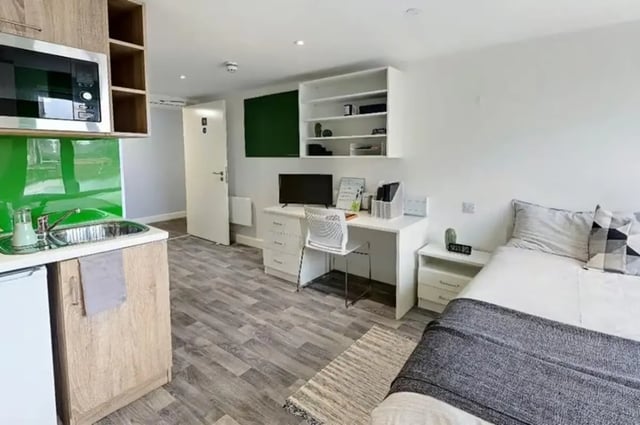 Kitchen sink microwave desk bed study area bedroom at The Cube Greenwich in London Student Accommodation