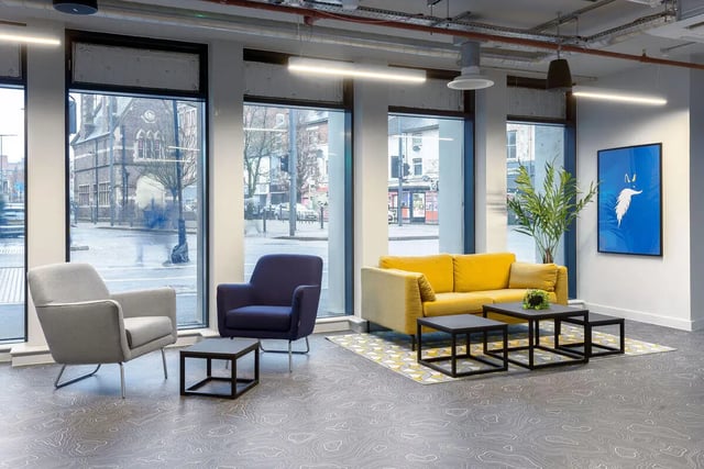 Yellow sofa grey armchair blue armchair living room at True Leicester in Leicester Student Accommodation