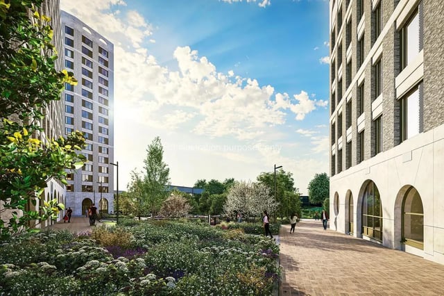Modern apartment buildings and landscaped gardens exterior at Timber Yard in Bristol Student Accommodation