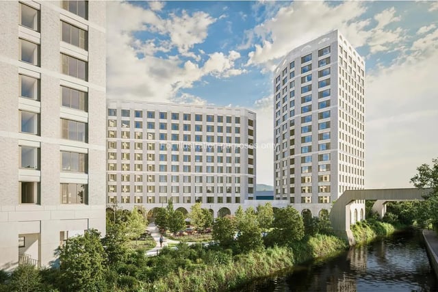 Modern apartment buildings beside water canal exterior at Timber Yard in Bristol Student Accommodation