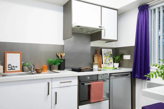Kitchen with oven sink and cabinets kitchen at The Bakery in Cardiff Student Accommodation