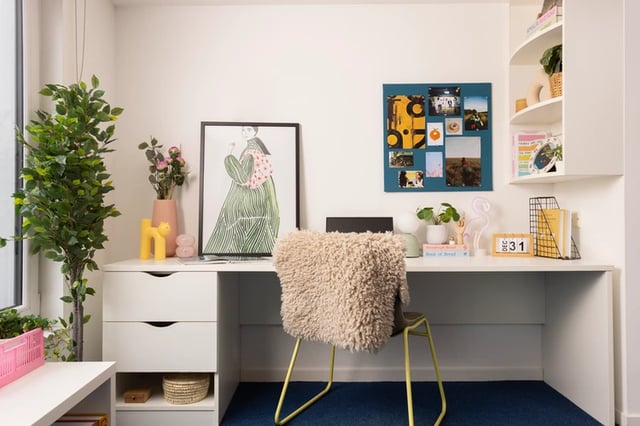 Desk with fuzzy chair plants and artwork study area at Murano House in Edinburgh Student Accommodation