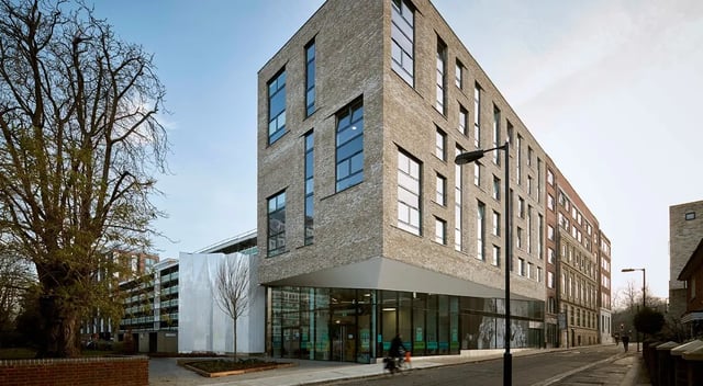 Modern brick building with large windows exterior at Townhall Camberwell in London Student Accommodation