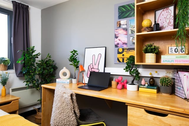 Desk with laptop plants and decor Study area at Trafalgar Hall in Portsmouth Student Accommodation