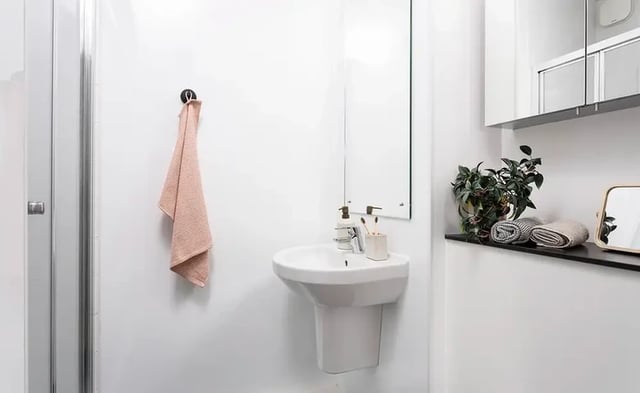 White pedestal sink pink towel plant towels bathroom at Arch View House in London Student Accommodation