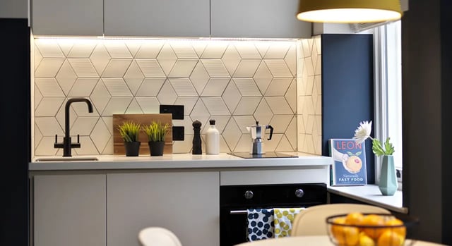 Hexagon tiles sink faucet and stove kitchen at Student Castle Bath in Bath Student Accommodation