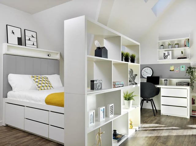 Bed desk and shelves studio apartment at Student Castle Bath in Bath Student Accommodation
