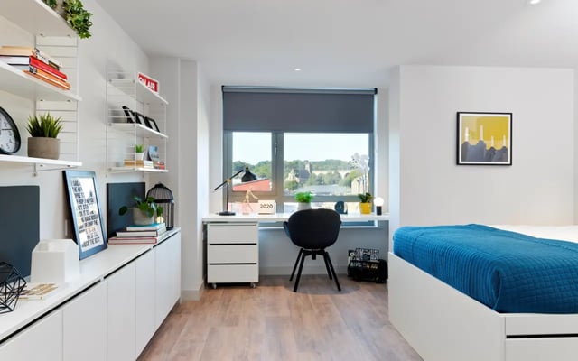 Bed desk shelving with plants and books bedroom at Student Castle Durham in Durham Student Accommodation