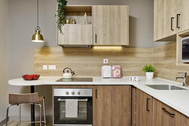 Apples kettle oven cabinets and sink kitchen at Student Castle Reading (New Century Place) in Reading Student Accommodation