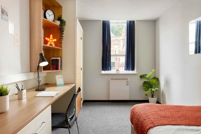 Desk shelves lamp chair bed student bedroom at Transom House in Bristol Student Accommodation