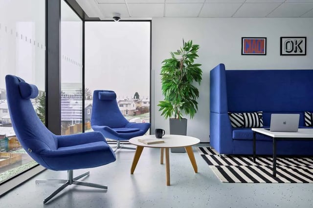 Blue chairs table plant laptop and sofa living area at Westwood Student Mews in Coventry Student Accommodation