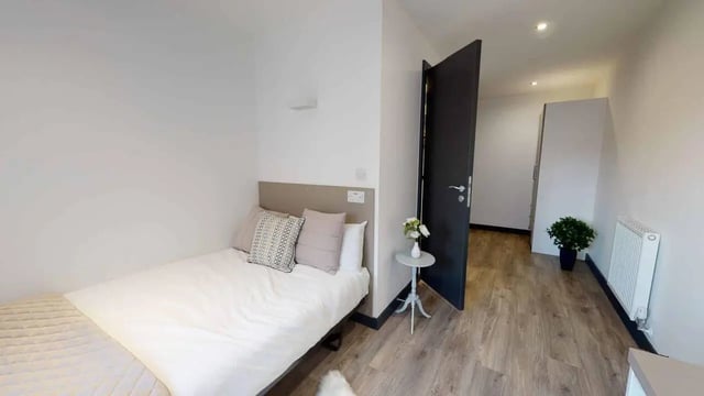 Bed pillows bedside table plant radiator bedroom at Opto village in Luton Student Accommodation
