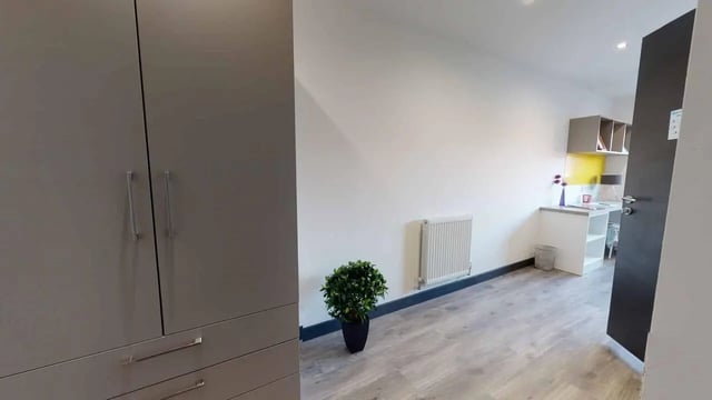 Wardrobe radiator desk plant study area at Opto village in Luton Student Accommodation