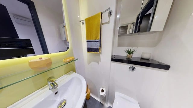 Sink towel toilet and plant bathroom at Opto village in Luton Student Accommodation