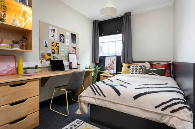 Desk bed laptop bulletin board bedroom at Rosalind Franklin Halls in Portsmouth Student Accommodation