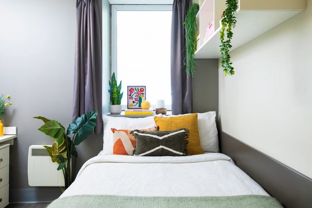Bed pillows art plant radiator bedroom at Margaret Rule Hall in Portsmouth Student Accommodation