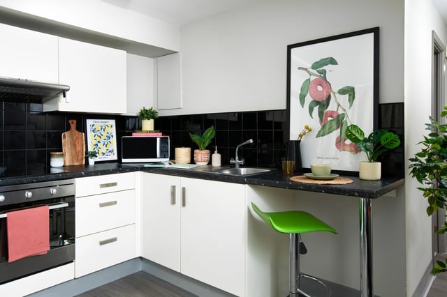 Modern kitchen with white cabinets microwave sink kitchen at Margaret Rule Hall in Portsmouth Student Accommodation