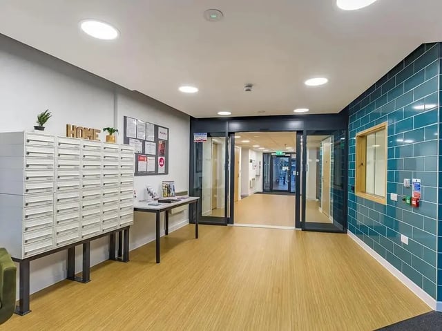 Mailboxes and entrance foyer student accommodation exterior at Mary Parker House in Plymouth Student Accommodation