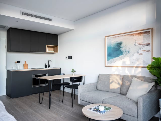 Kitchen dining area and living room living area at UKO Glebe in Sydney Student Accommodation