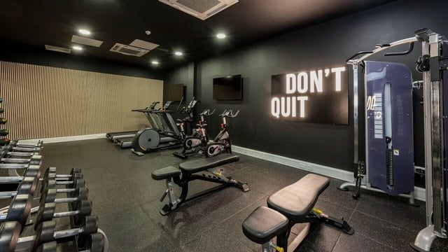 Dumbbells treadmills bikes and weight machine gym at Fontenoy Apartments in Liverpool Student Accommodation